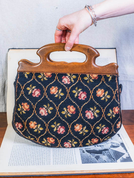 Vintage 1960s Wood Handle Floral Pattern Tapestry Handbag