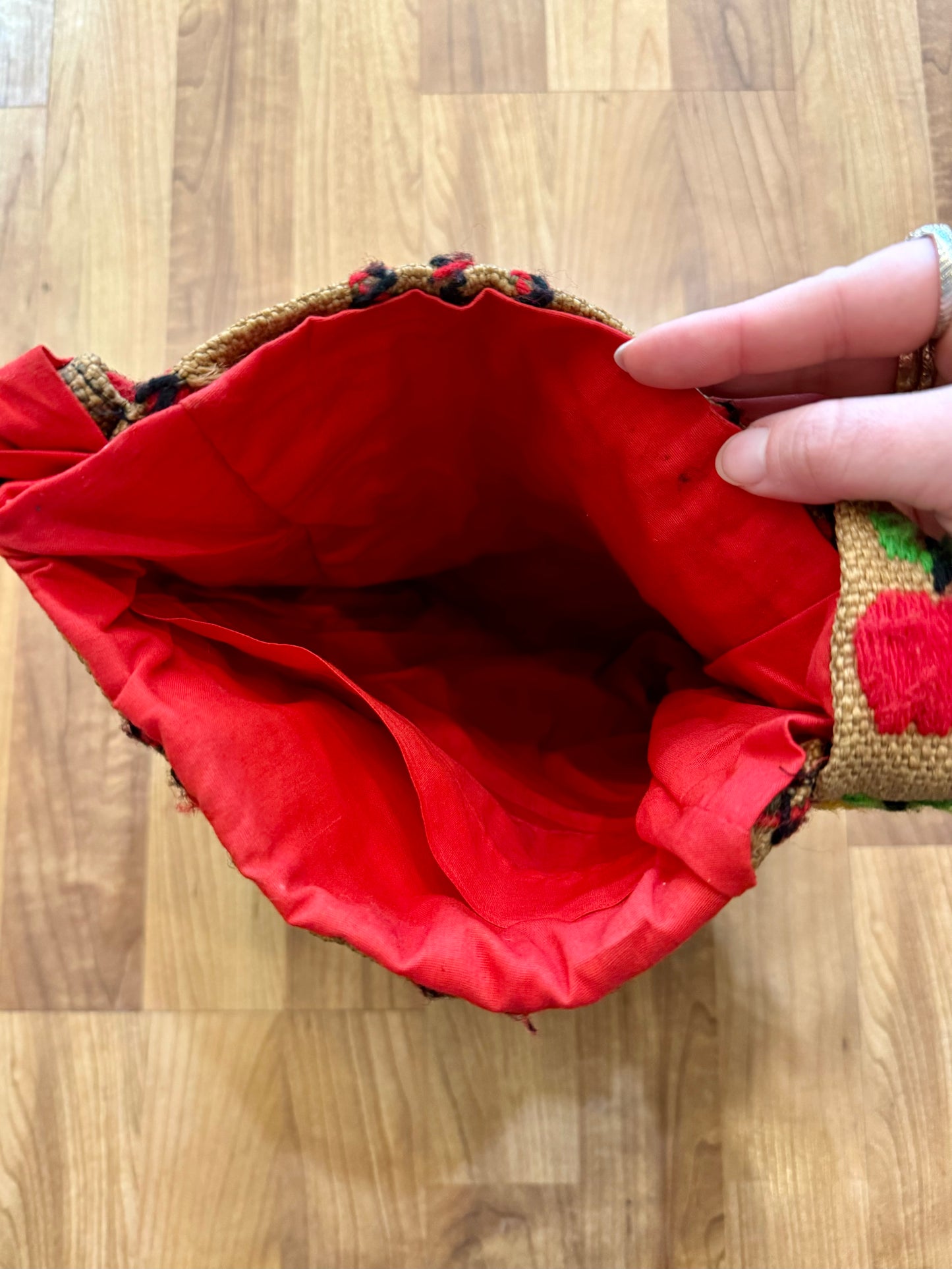 Vintage 1970s Apple Embroidered Burlap Shoulder Bag