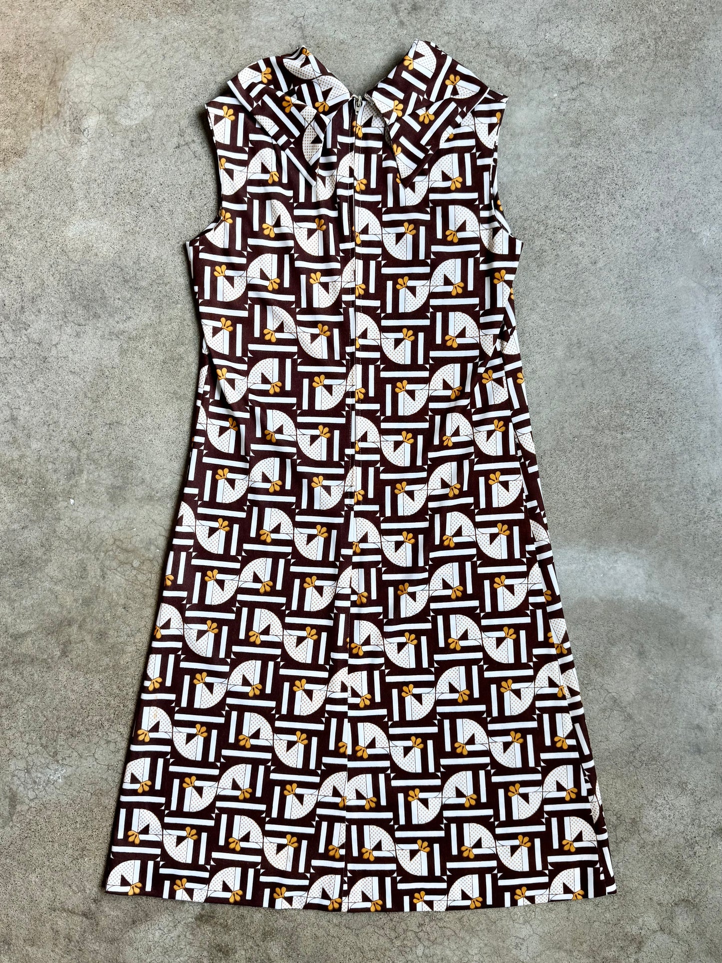 Vintage 1960s Handmade Brown & Yellow Geometric Floral Mod Dress | S/M