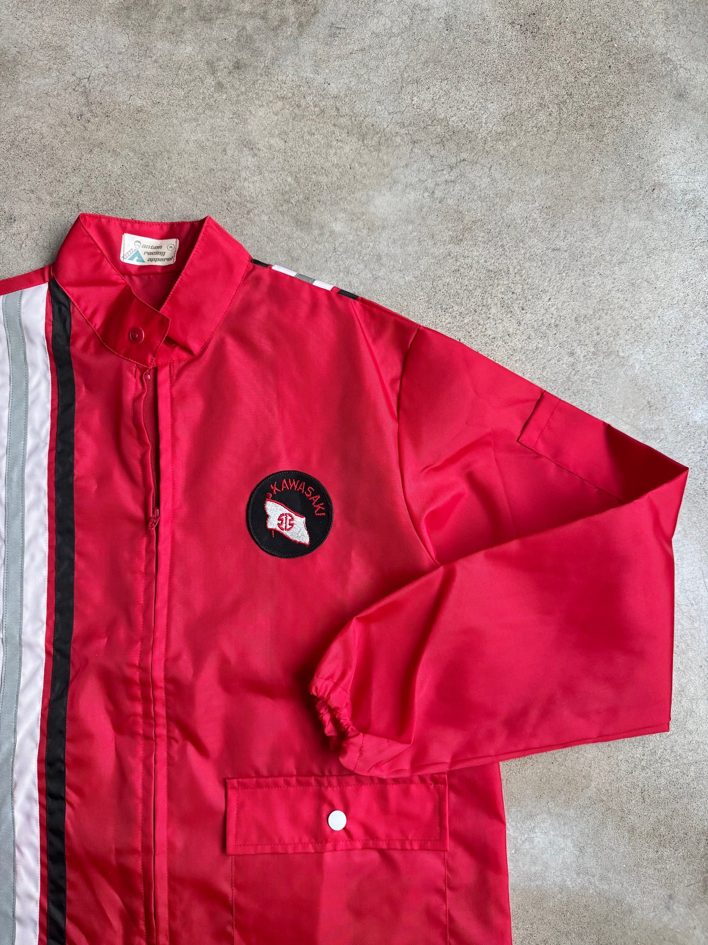 Vintage 1980s Kawasaki Striped Red Zip-Up Windbreaker Jacket | Medium