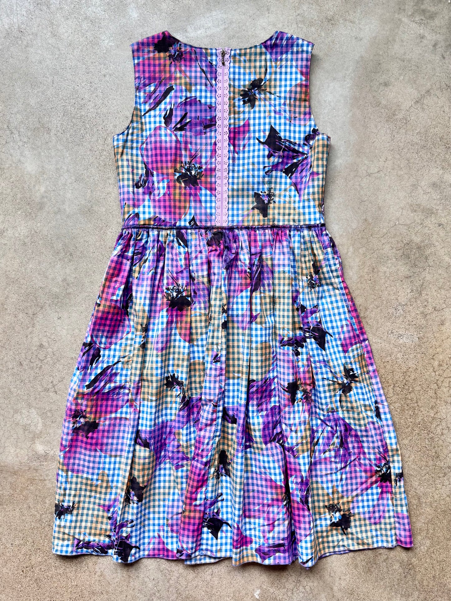 Vintage Handmade Floral Gingham Print Sleeveless Pleated Dress | S/M