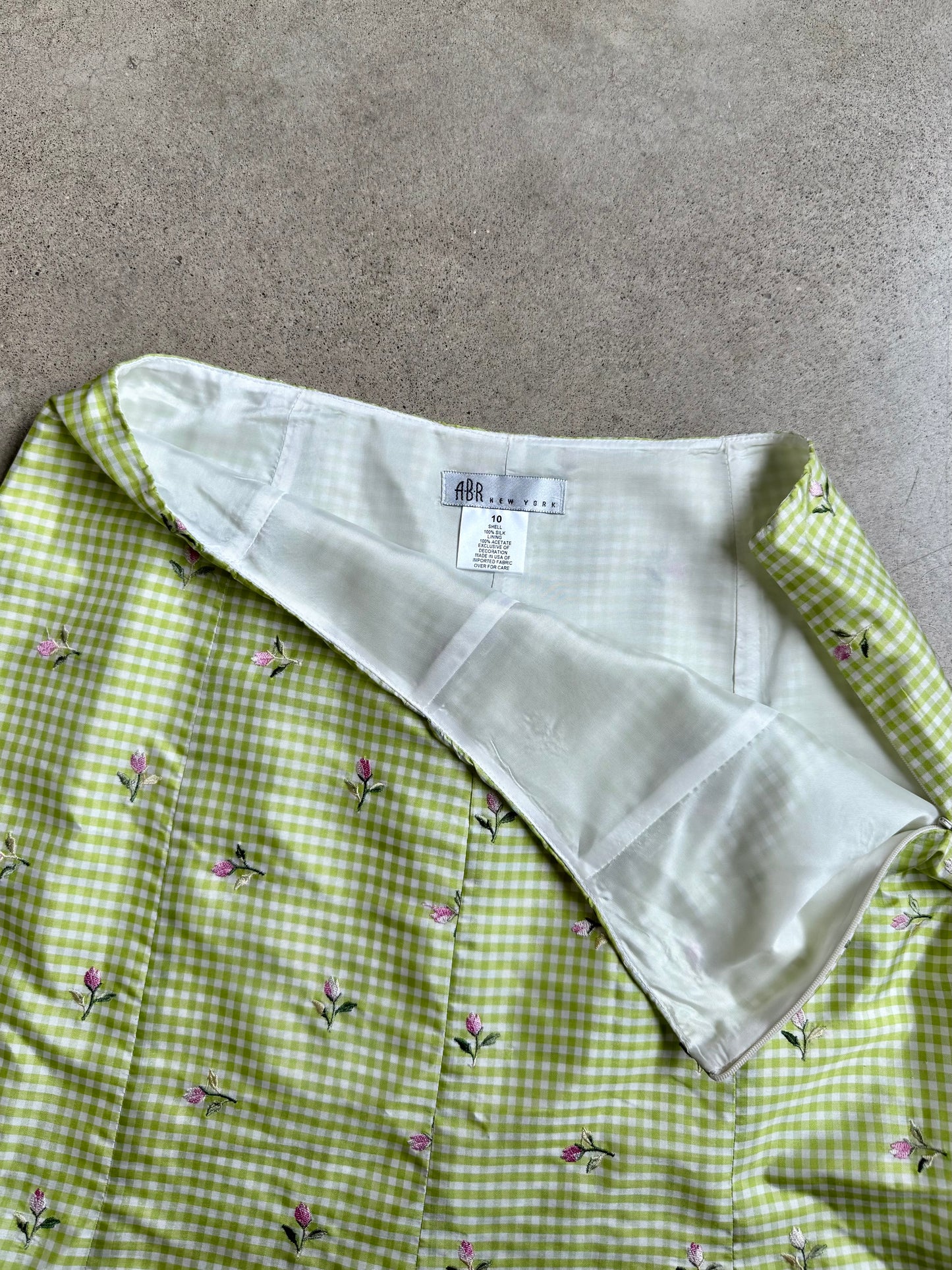 Vintage 1990s ABR New York Green Gingham Floral Embroidered Silk Skirt Suit | M/L