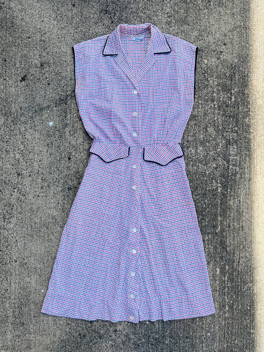 Vintage 1960s Beaumart Plaid Button Front Sleeveless Dress