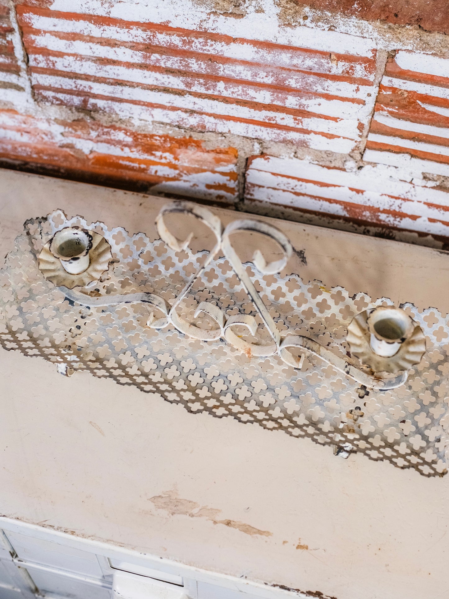 Vintage White Painted Metal Cutwork Candle Holder Centerpiece