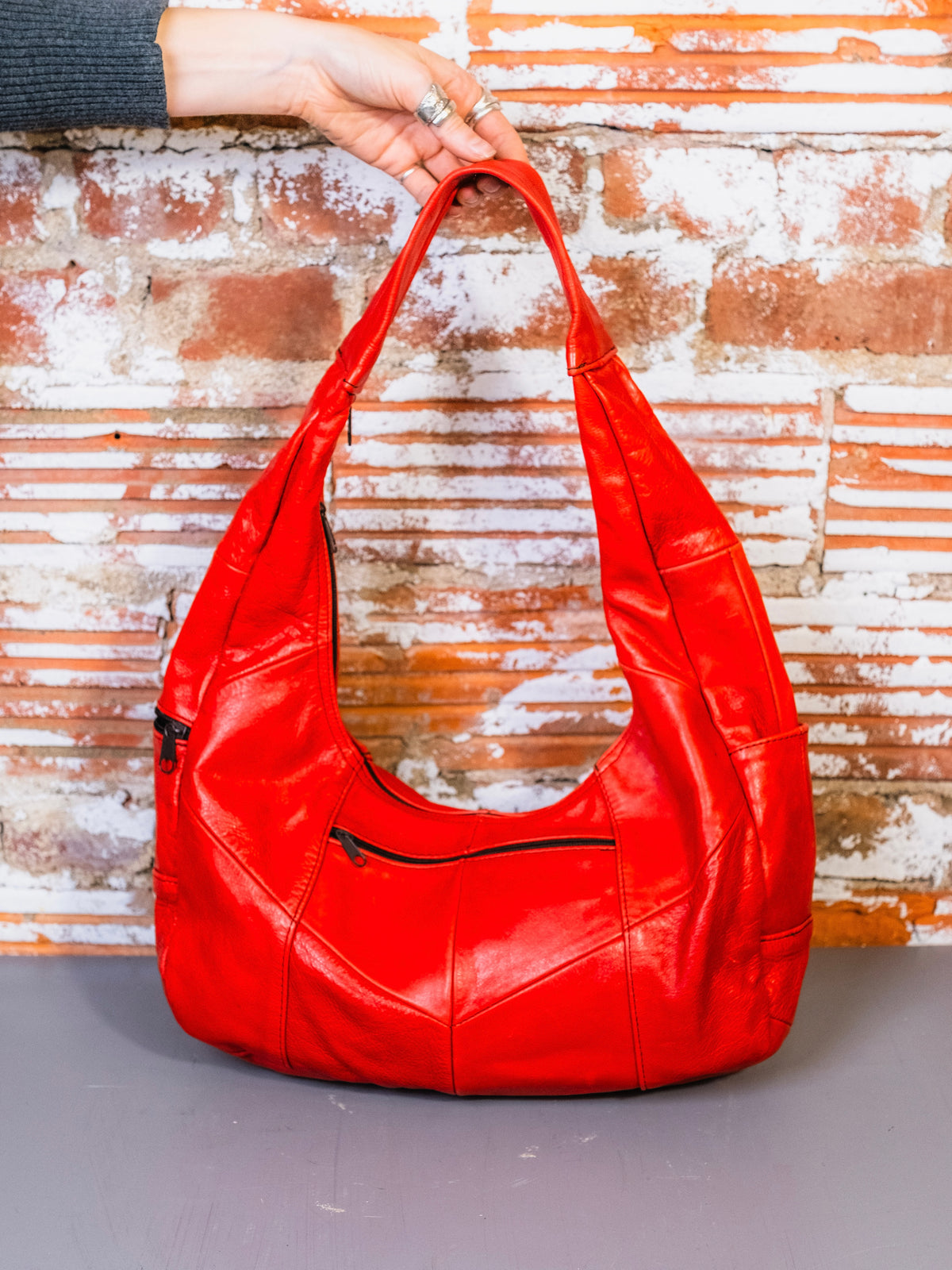 Vintage 1980s Red Leather Slouchy Hobo Shoulder Bag