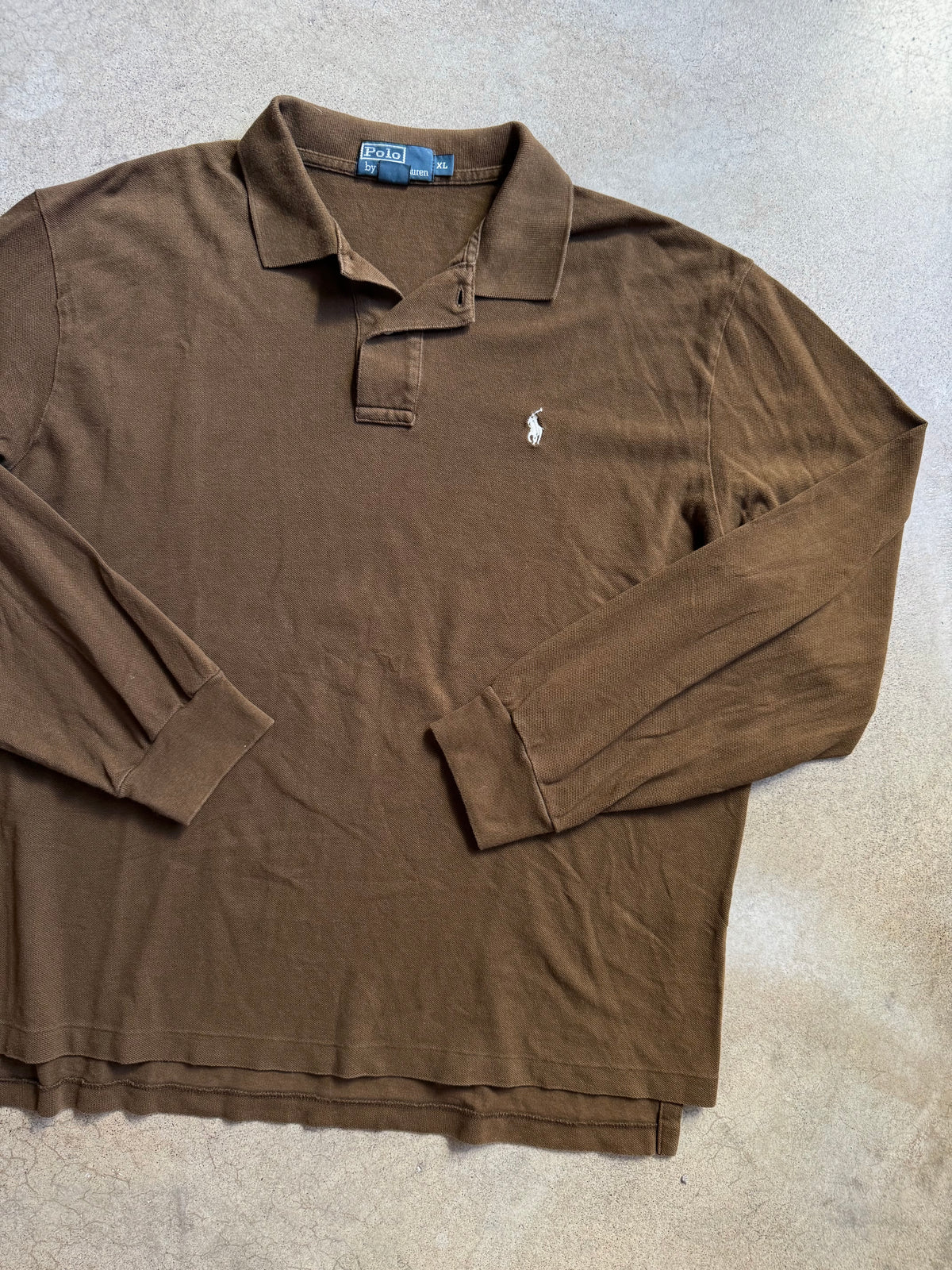 Vintage 1990s Polo Ralph Lauren Brown Cotton Long Sleeve Polo Shirt | XL