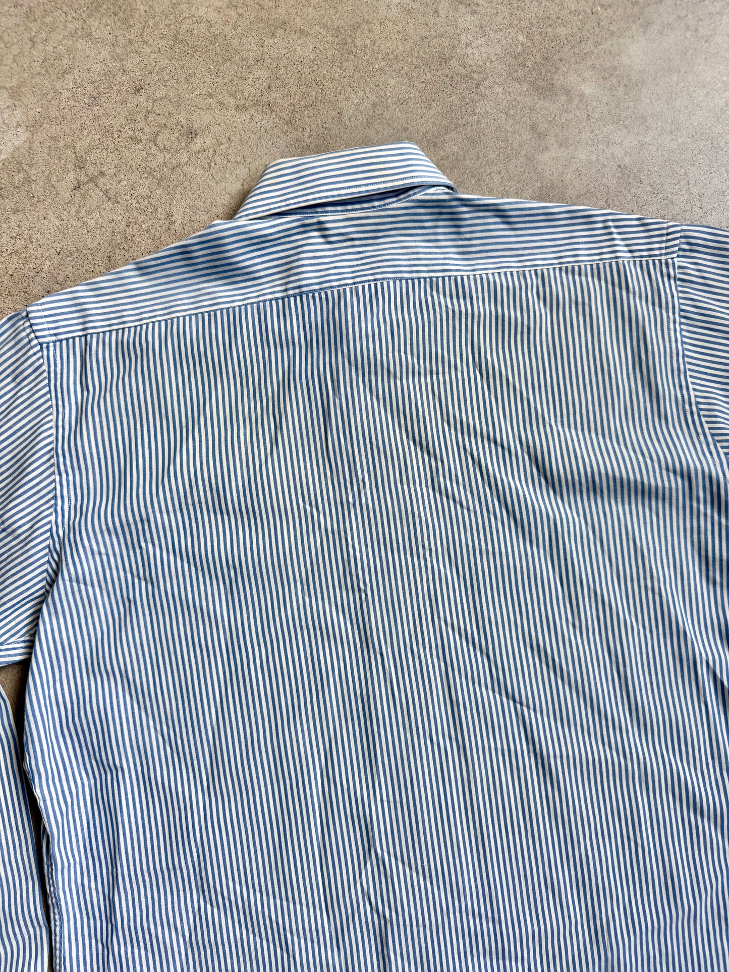 Vintage 1970s Blue & White Striped Dog Patch Button-Up Shirt | Large