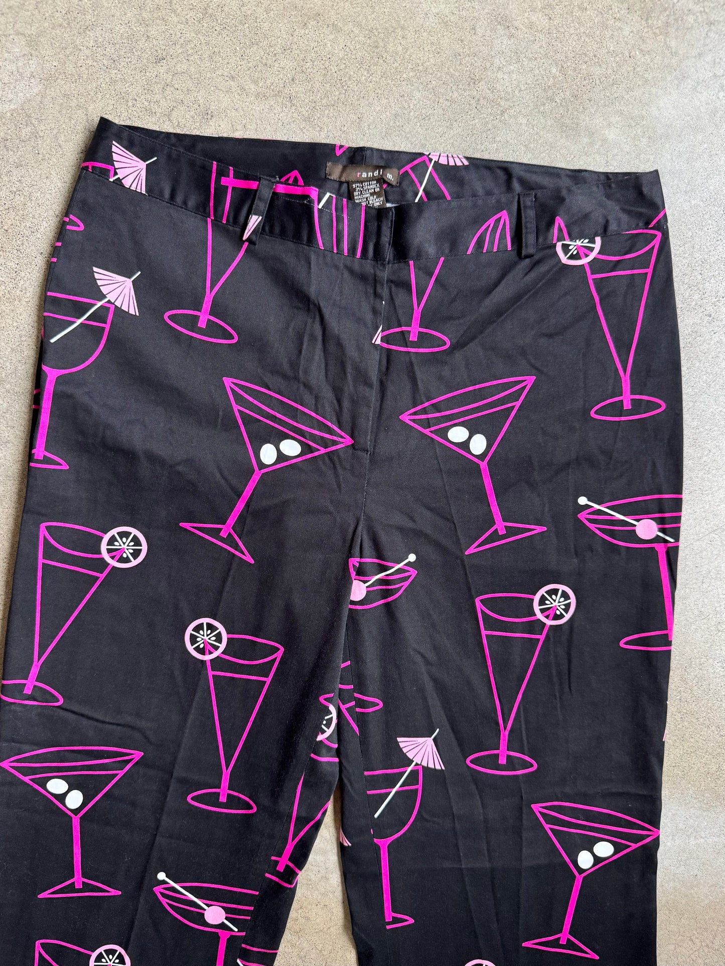 2000s Randi M. Black & Pink Martini Cocktail Printed Pants | Waist 32”