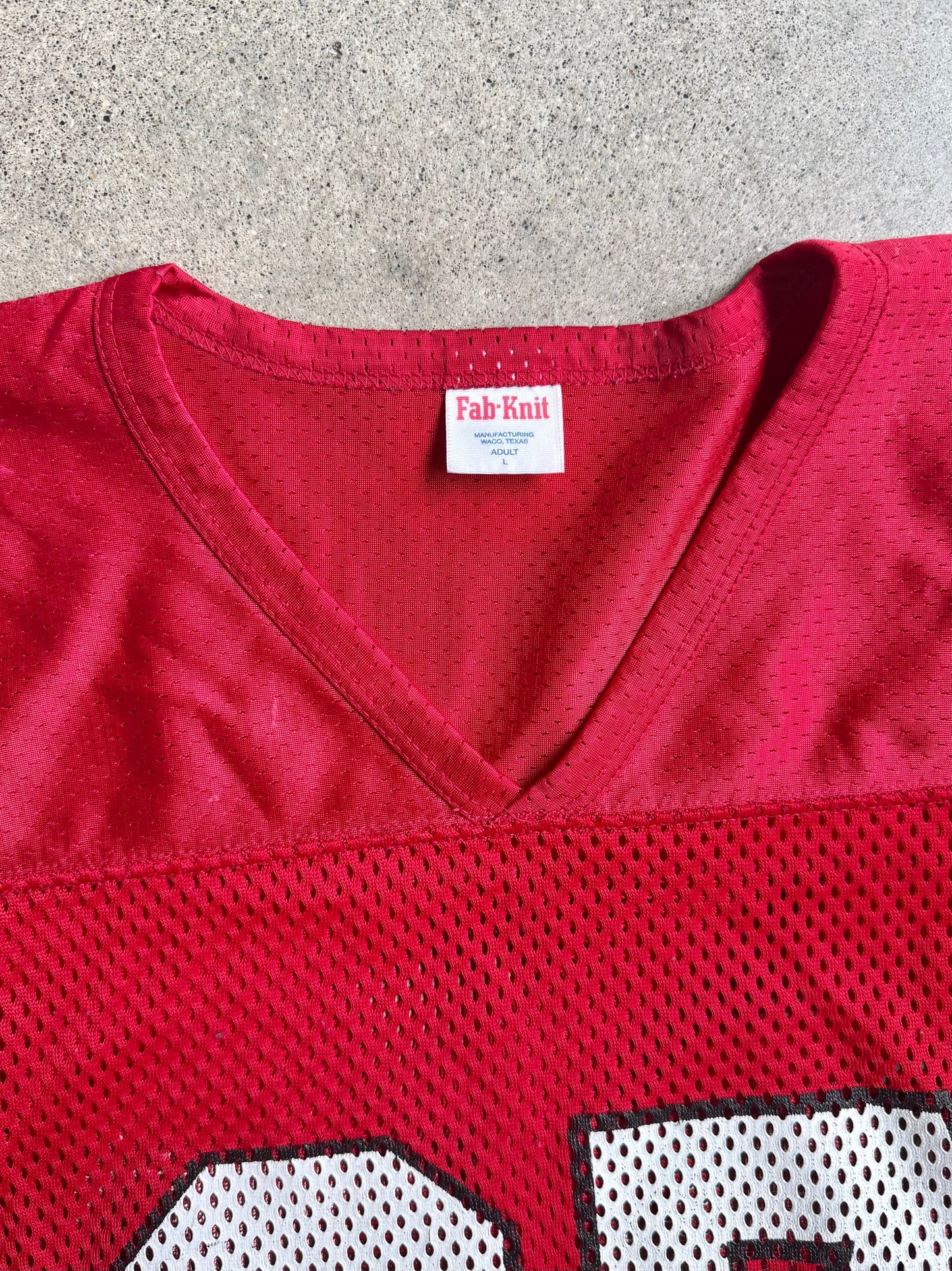 Vintage 1980s Fab-Knit Red Mesh #67 Cropped Football Jersey | Large