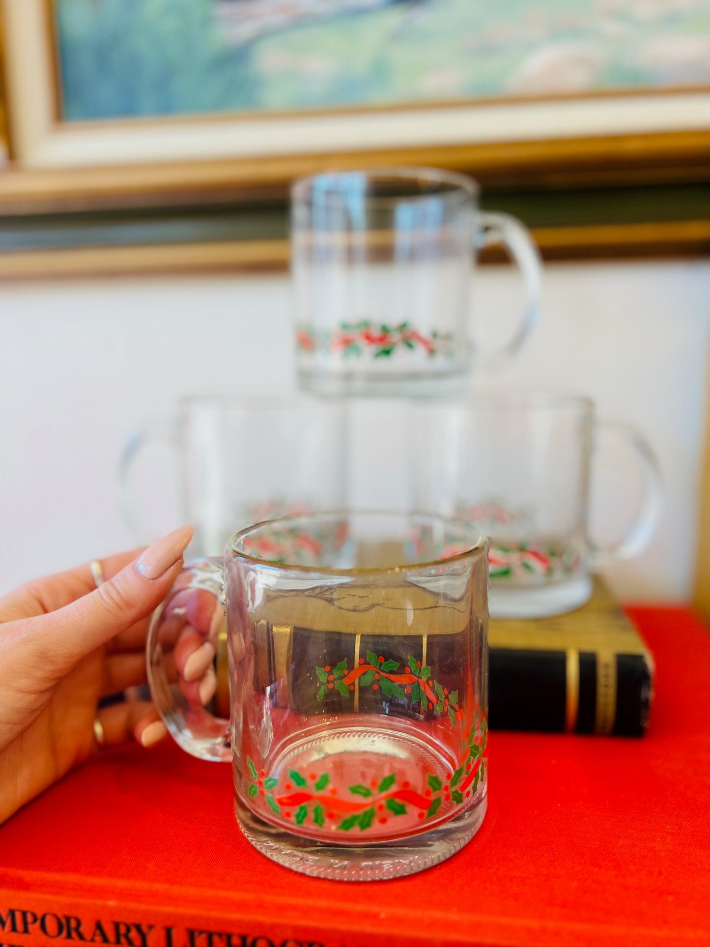 Vintage 1980s Christmas Holly Gold Rim Glass Mugs | Set of 4