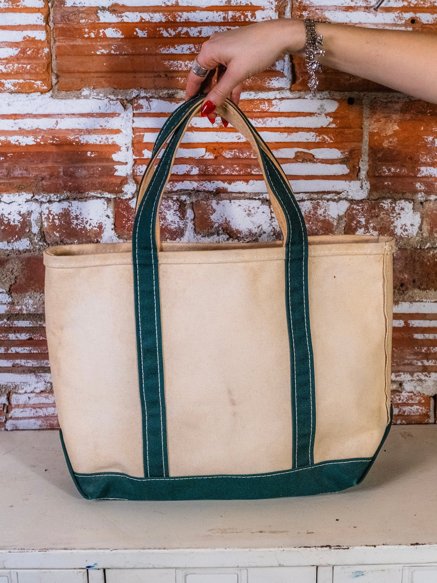 Vintage 1990s L.L. Bean Green Trim Canvas Boat & Tote Bag