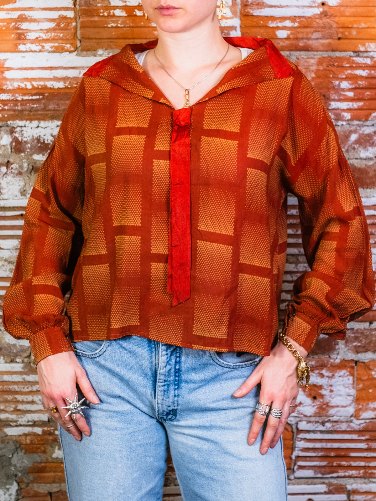Antique 1930’s Burnt Orange Geometric Dotted Silk Neck Tie Blouse | Medium
