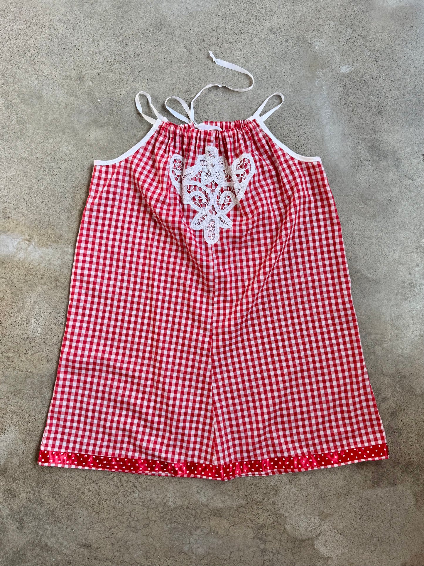 Vintage 1960s Handmade Red Gingham Floral Appliqué Mini Dress | XS/S