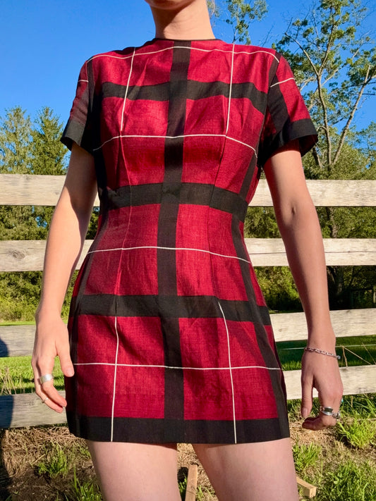 Vintage 1950s Stacey Ames Red Plaid Short Sleeve Mini Dress | S/M