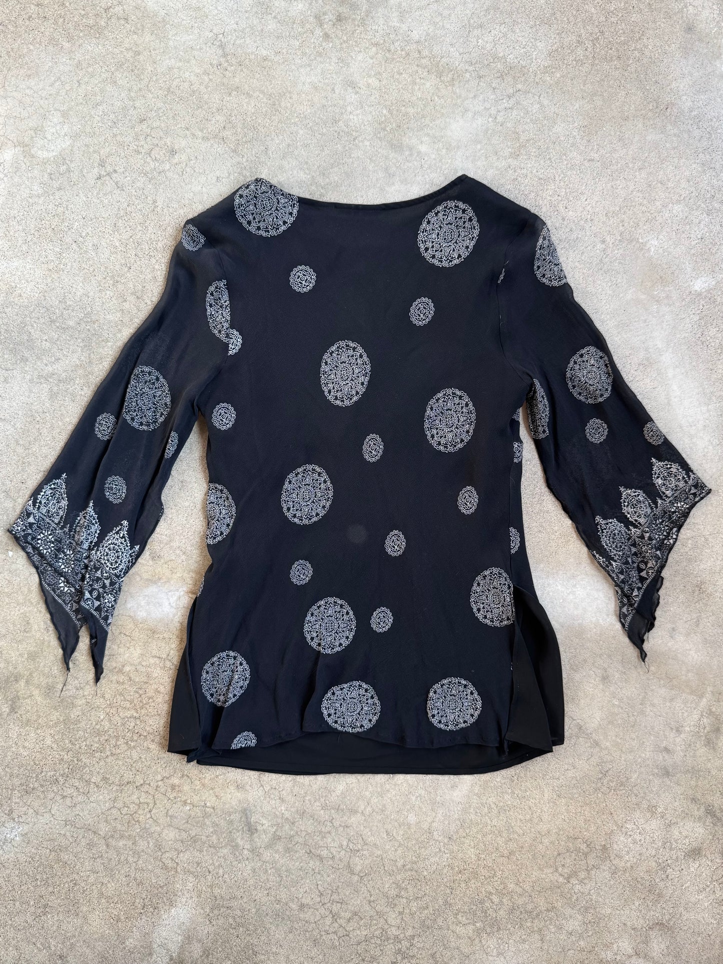 Vintage 1990s New York City Design Co. 100% Silk Black Patterned Blouse | Medium
