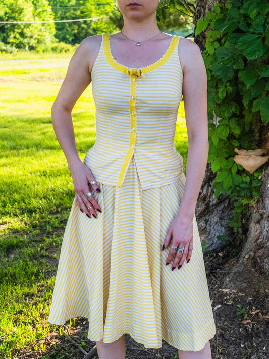 Vintage 1950s Handmade Yellow & White Striped Two-Piece Skirt Set | Small
