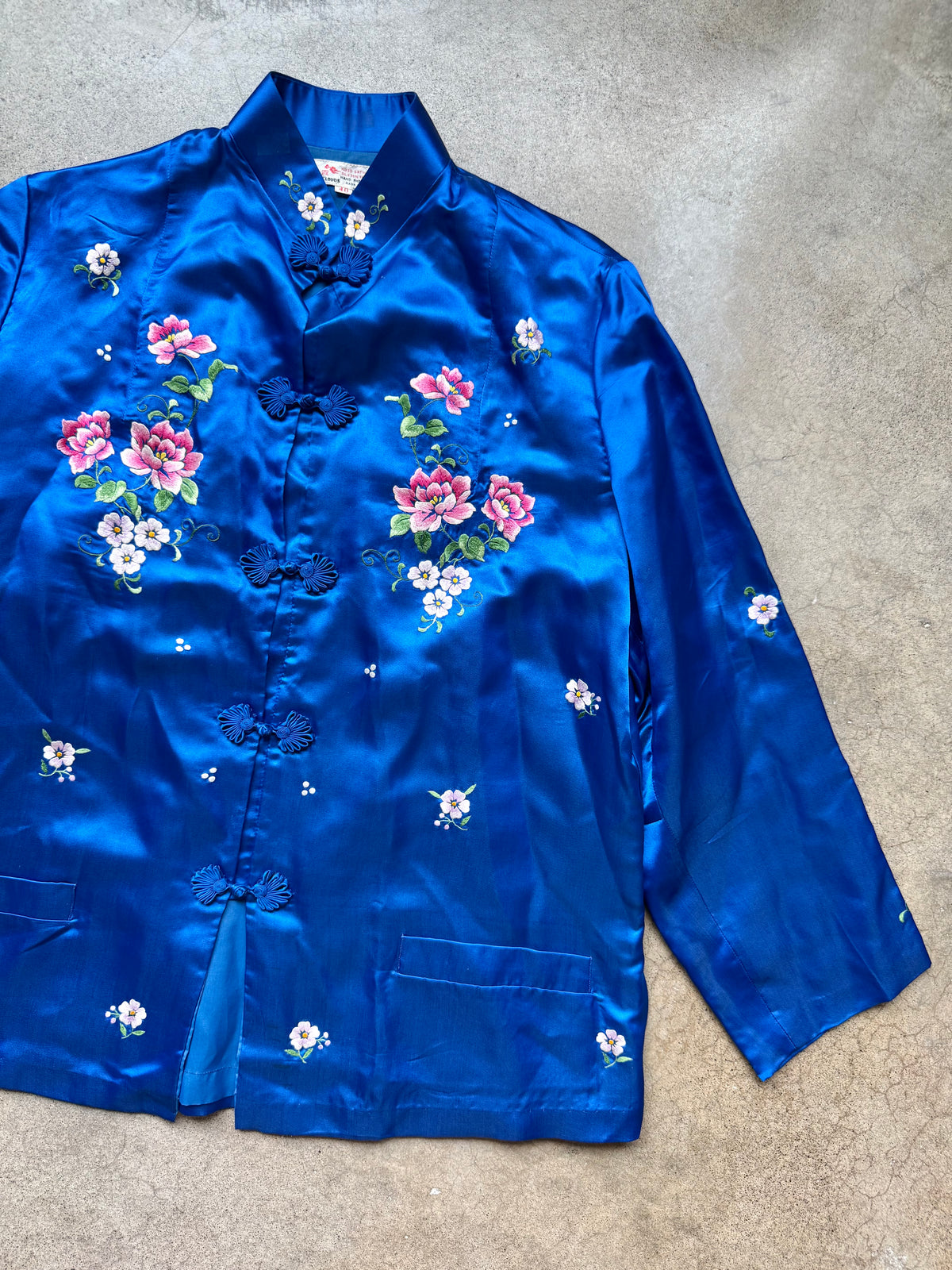 Vintage 1960s Red Clouds Hand-Embroidered Floral Silk-Blend Chinese Tang Jacket | 40