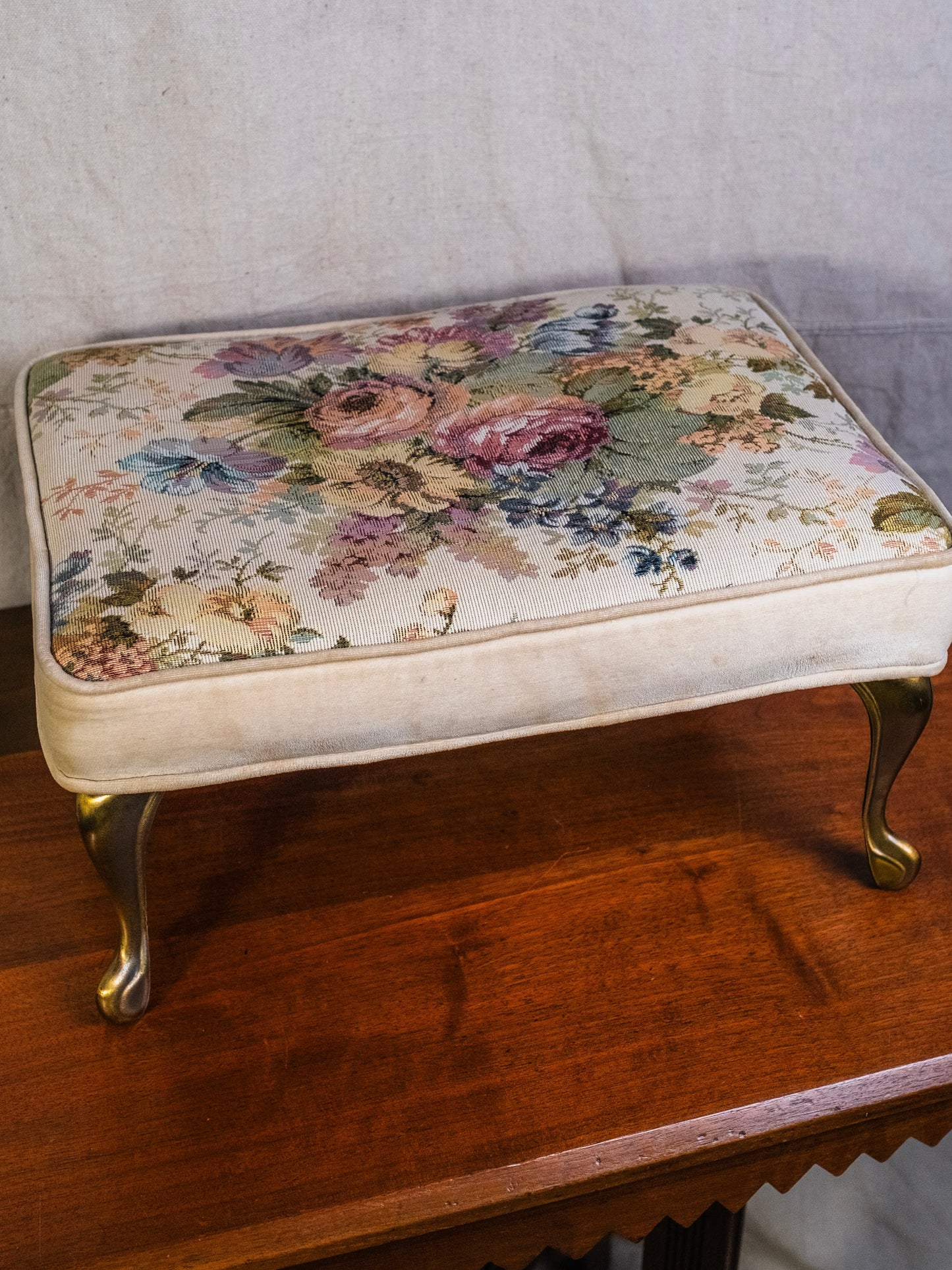 Vintage 1950s Brass Footed Floral Tapestry Footstool