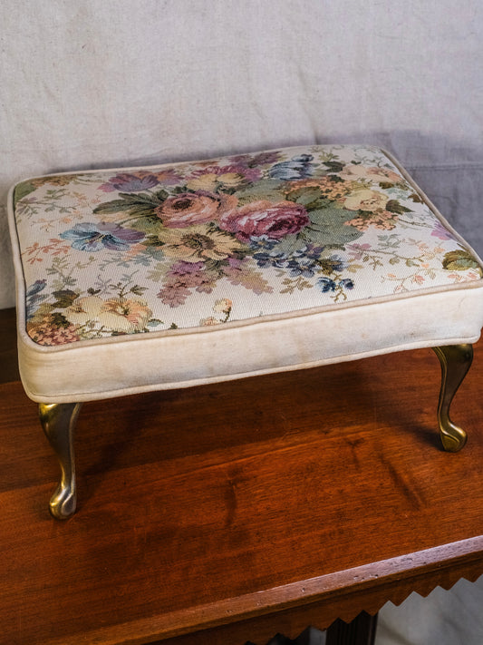 Vintage 1950s Brass Footed Floral Tapestry Footstool