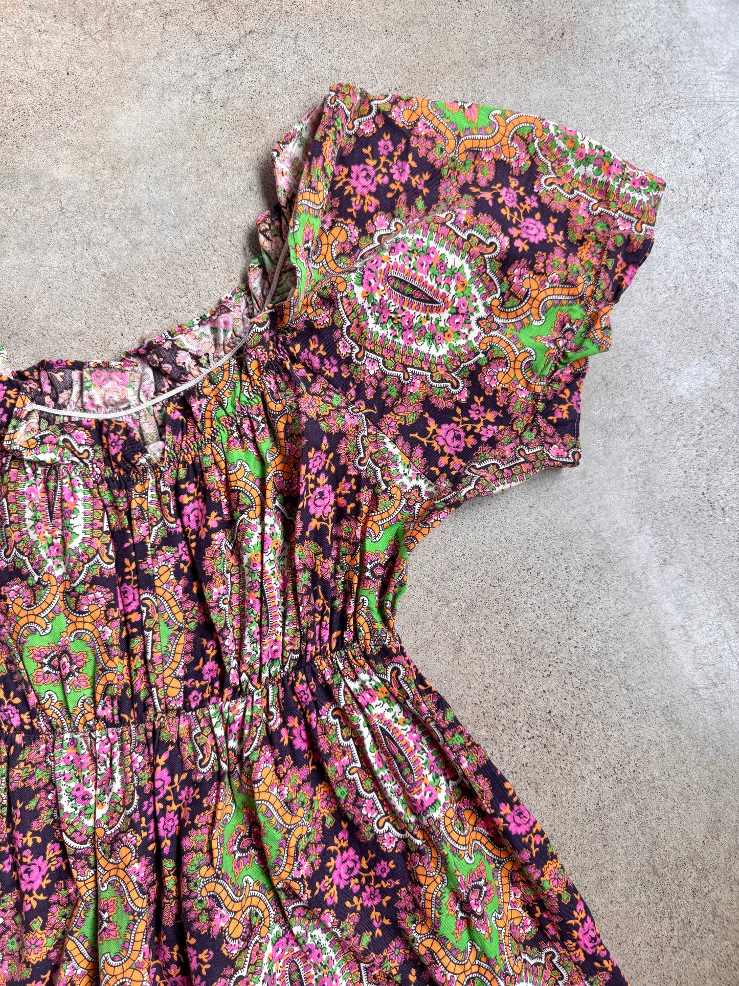 Vintage 1960s Orbit Ladybird Psychedelic Floral Off-Shoulder Maxi Dress | Medium