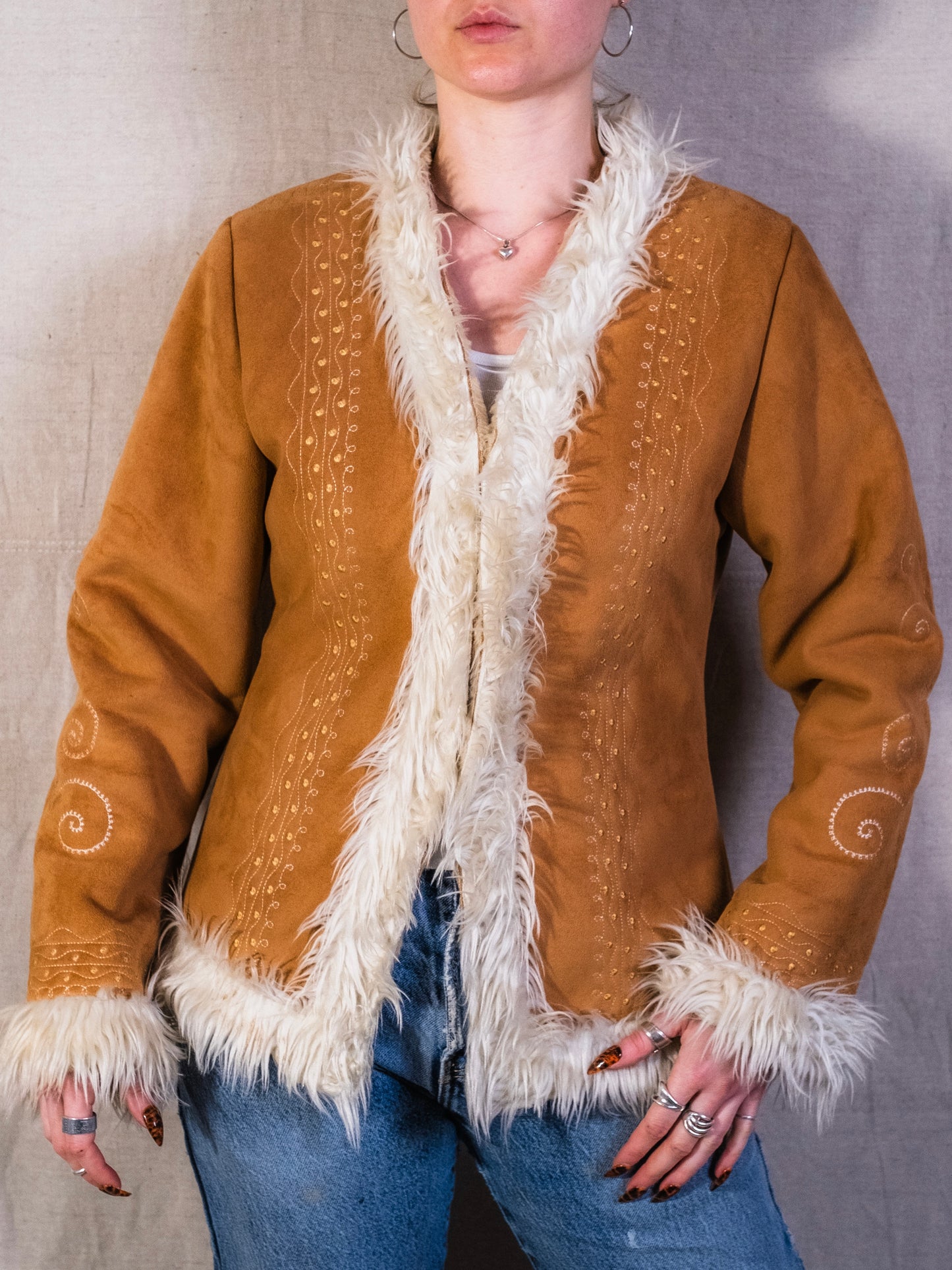 Vintage 1990s Bacci Faux Suede Embroidered Penny Lane Style Jacket | Medium