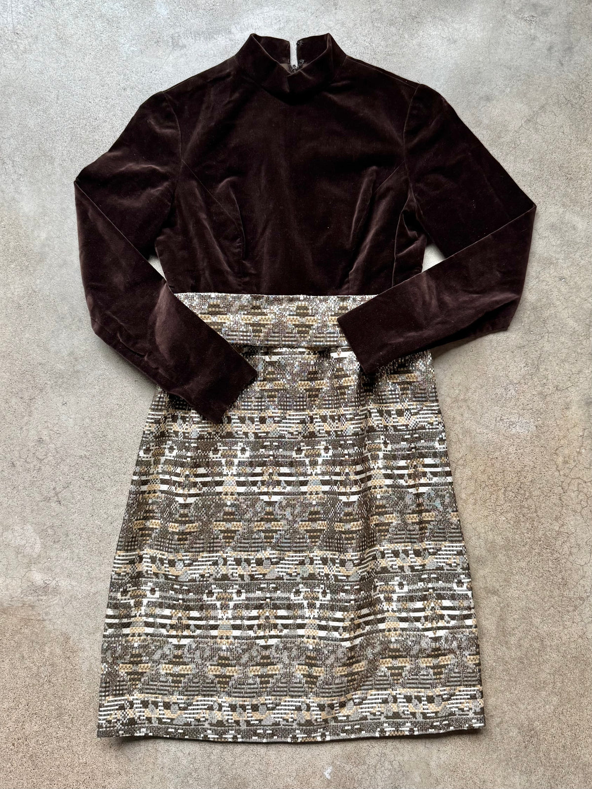 Vintage 1960s Eleanor Brenner Couture Brown Velvet & Gold Jacquard Skirt Long Sleeve Dress | Small