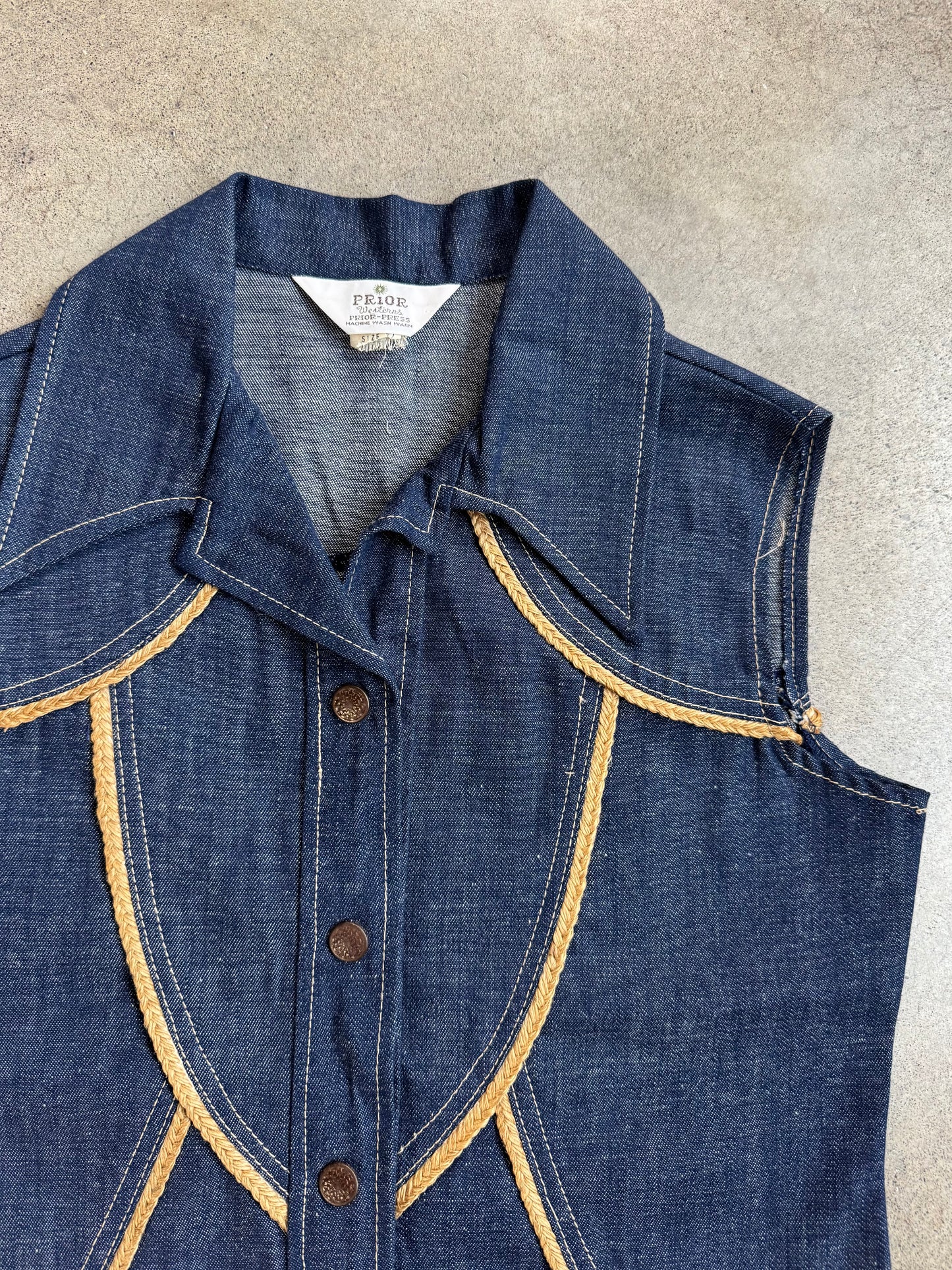 Vintage 1970s Prior Western Braided Trim Denim Vest Top | XS/S