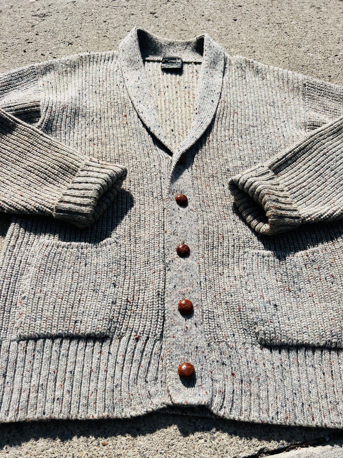 Vintage 1970s JCPenney Grey Speckled Wool Knit Cardigan | Medium