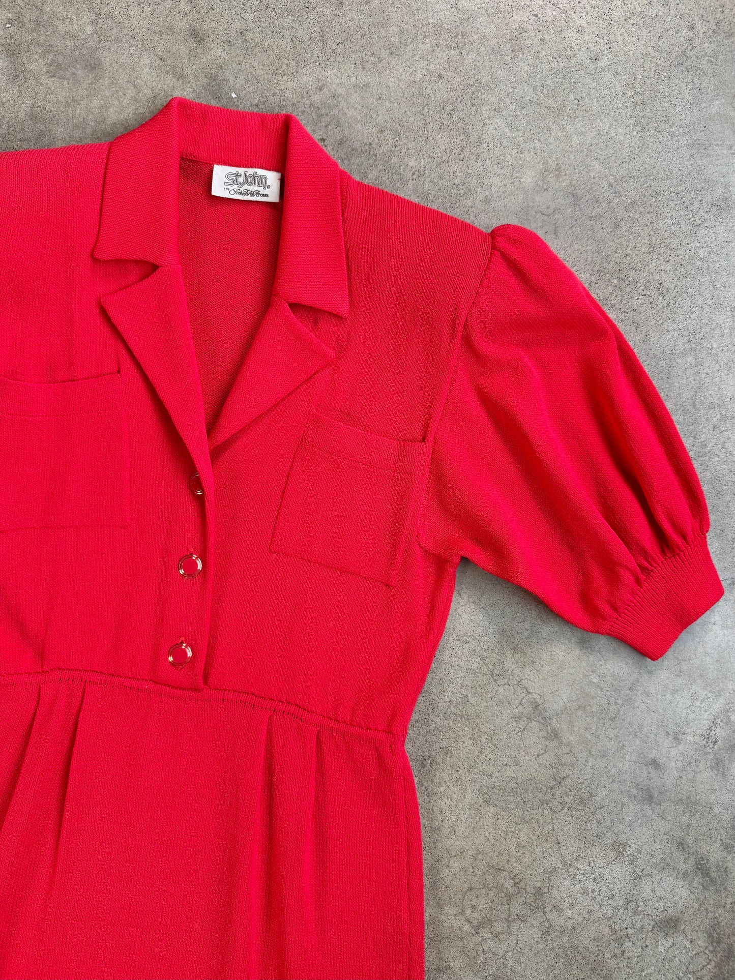 Vintage 1980s St. John for Saks Fifth Ave. Red Puff Sleeve Button-Front Knit Dress | S/M