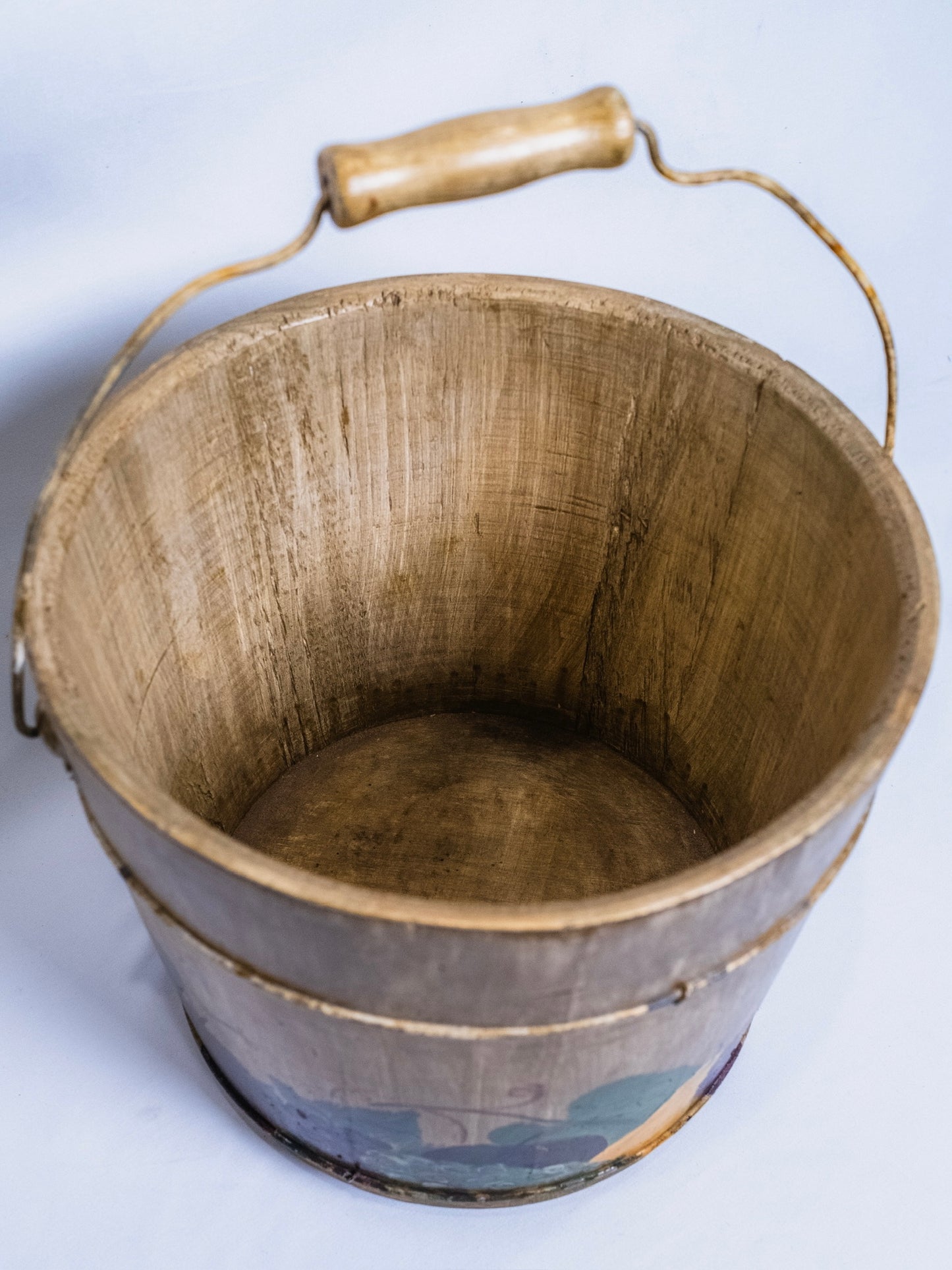 Vintage 1960s Handmade & Hand-Painted Tole Pattern Primitive Bucket w/ Handle