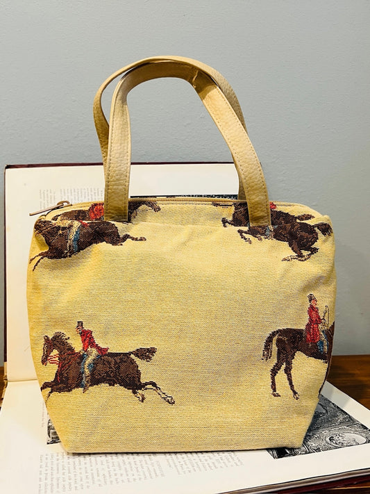 Vintage 1980s Equestrian Print Tote Handbag