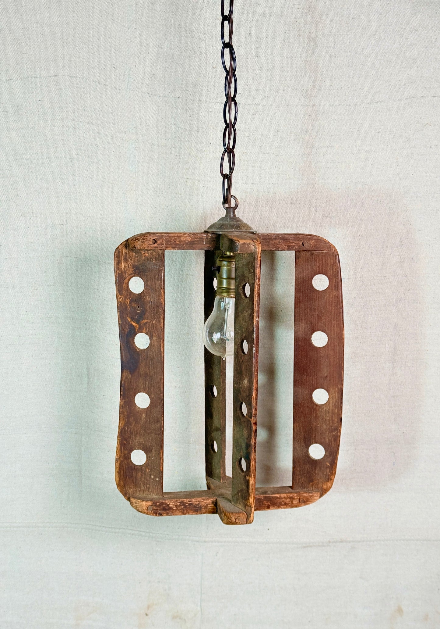 Handmade Antique Wood Churn Hanging Folk Light