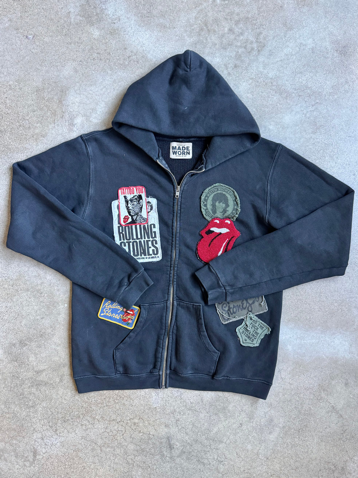 Made Worn Rolling Stones Patched Black Cotton Zip-Up Hoodie | Medium