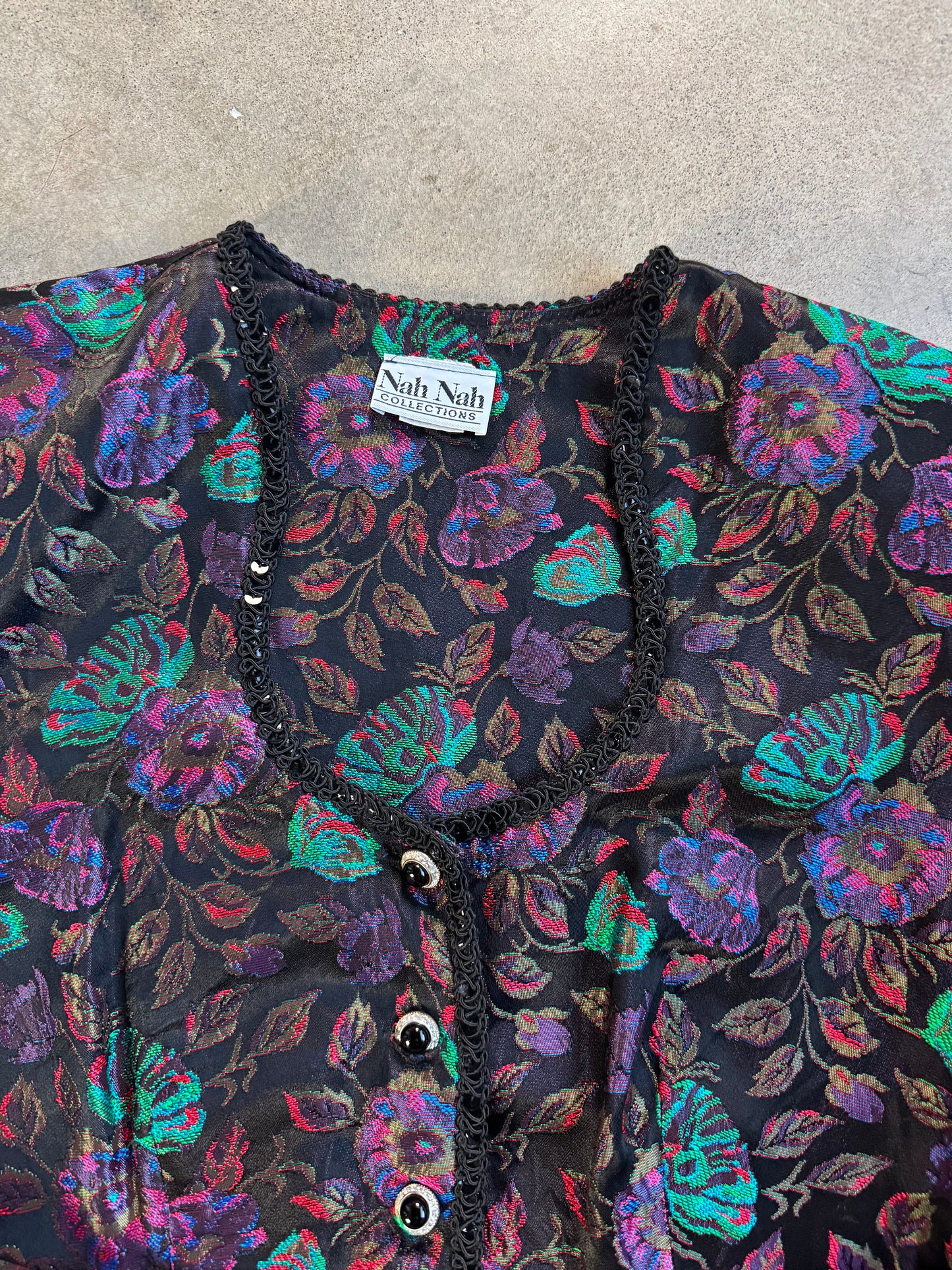 Vintage 1980s Nah Nah Collections Floral Brocade Puff Sleeve Blouse | Medium