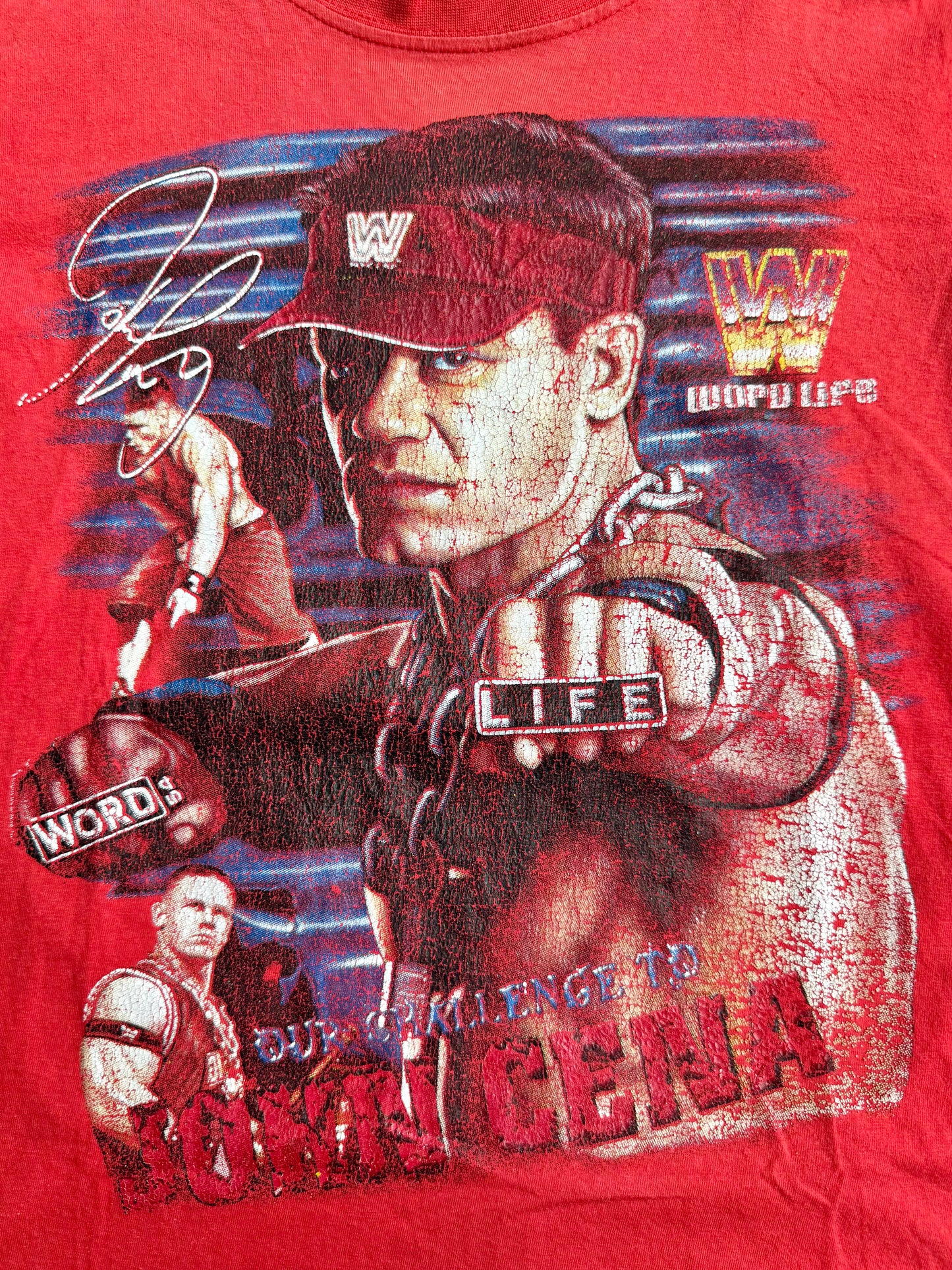 Vintage 2000s John Cena “Word Life” Red Graphic Tee | Youth XL