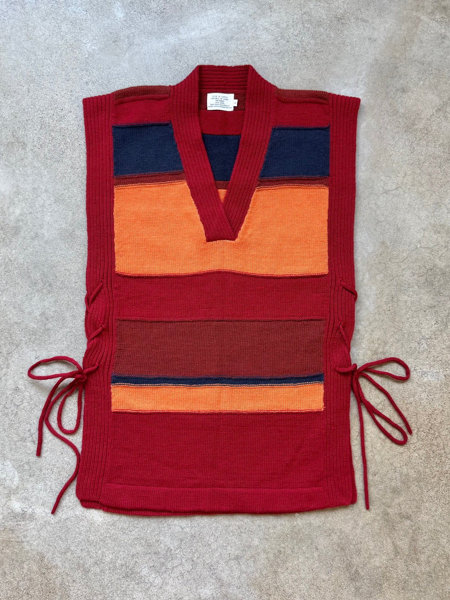 Vintage 1970s Striped Lace-Up Side V-Neck Sweater Vest | Large