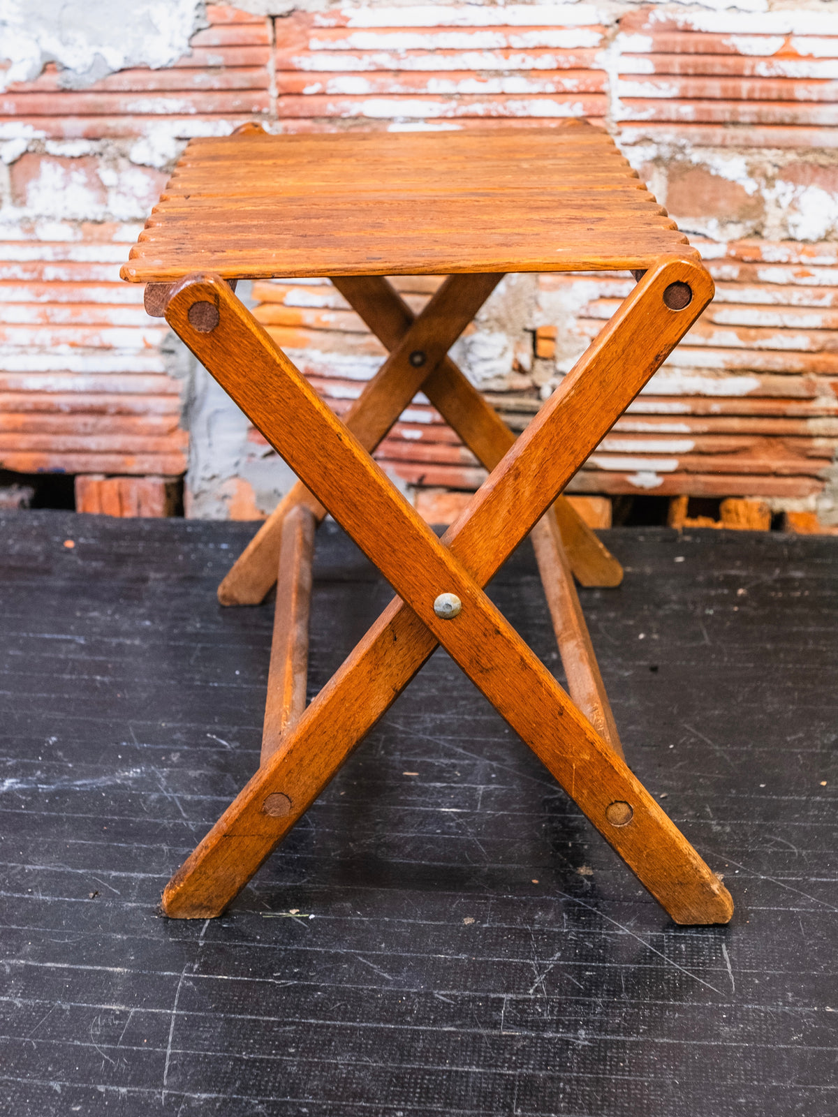 Vintage 1940s Take-Along Travel Chair Co. Slatted Wood Folding Bench Stool
