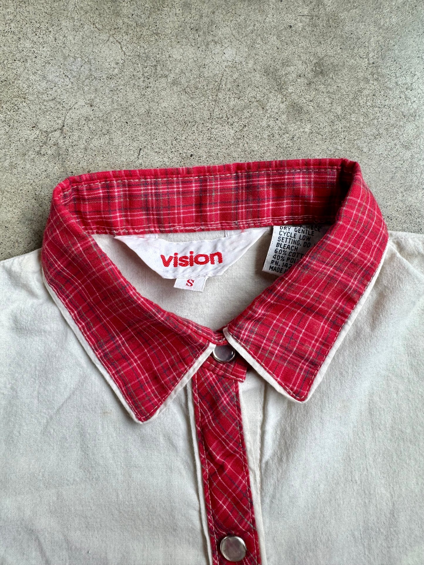 Vintage 1970s Vision Cream & Red Plaid Western Pearl Snap Shirt | Small