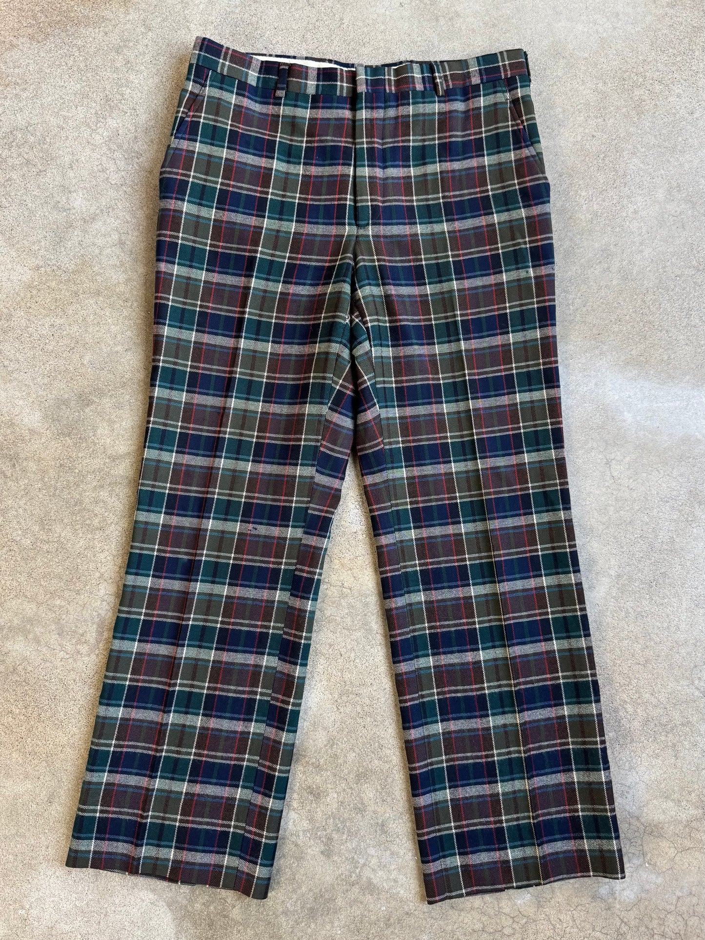 Vintage 1970s John Horan Dark Plaid Wool Trousers | Waist 34”