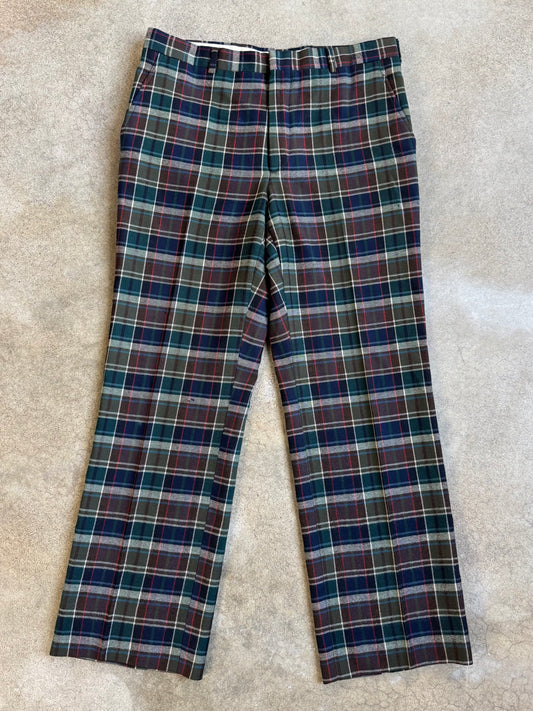 Vintage 1970s John Horan Dark Plaid Wool Trousers | Waist 34”