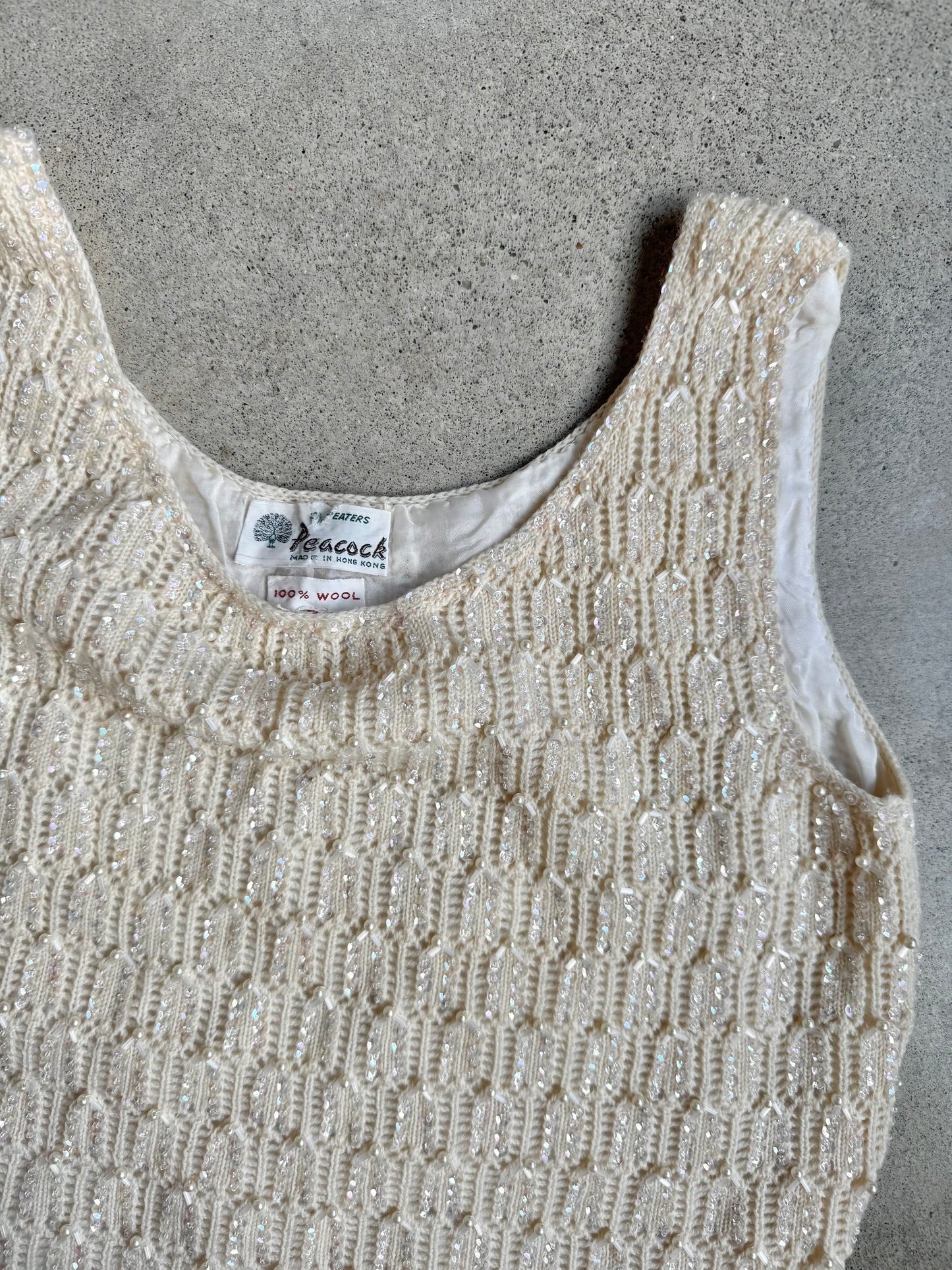 Vintage 1950s Peacock Sequin Beaded Cream Wool Knit Tank Top | Small