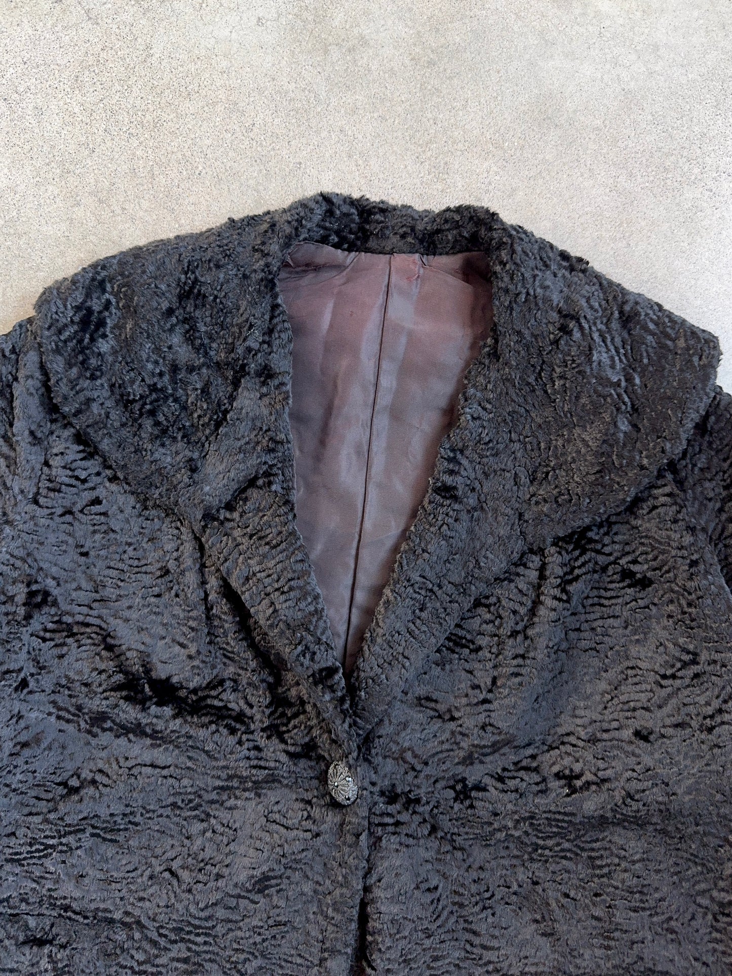Vintage 1950s Black Persian Curly Wool Cropped Swing Jacket | Large