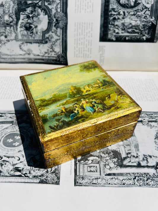 Vintage 1950s Gold Florentine Regency Landscape Trinket Box
