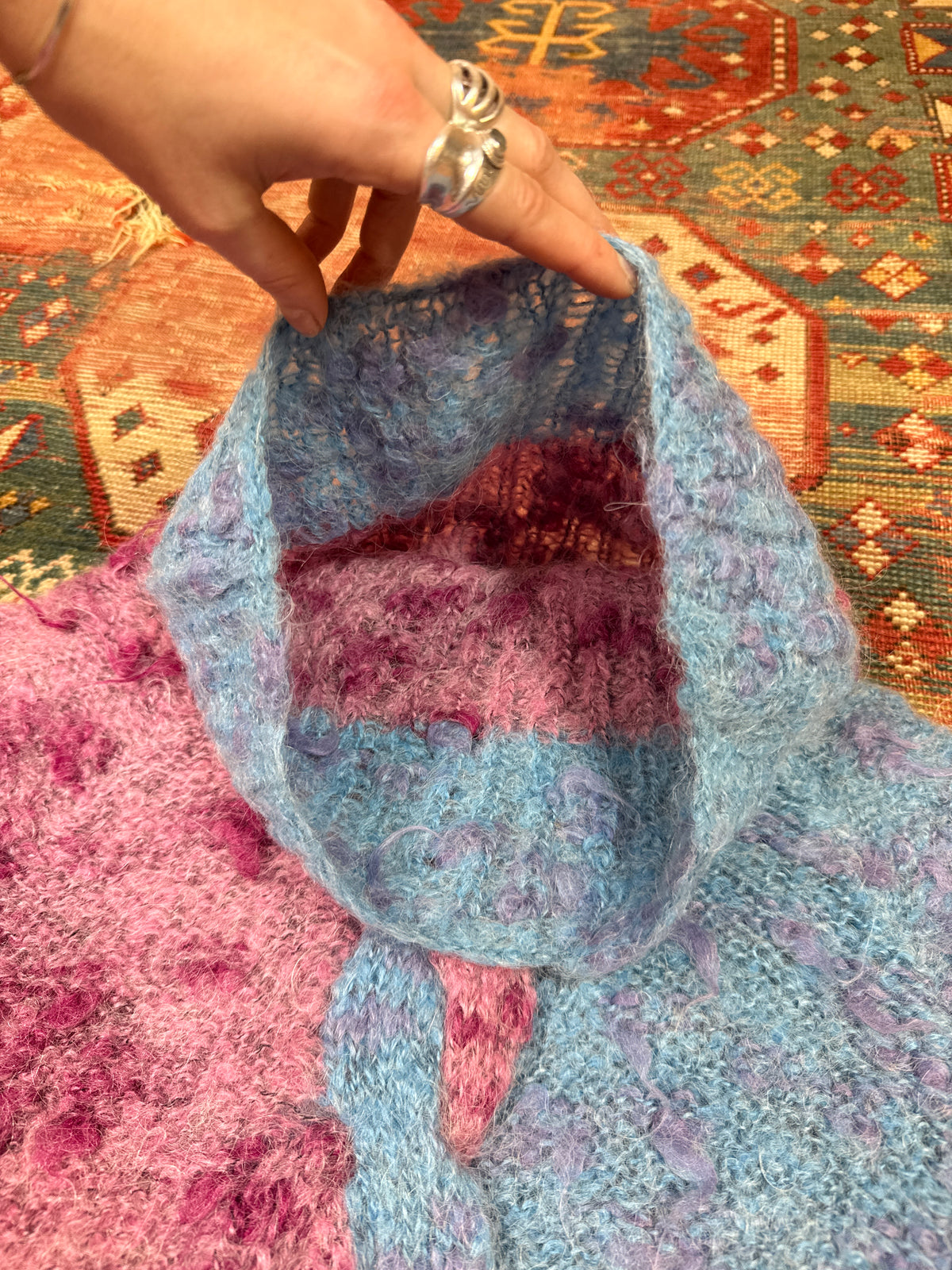 Vintage Handmade Blue & Magenta Brushed Alpaca Knit Turtleneck Sweater