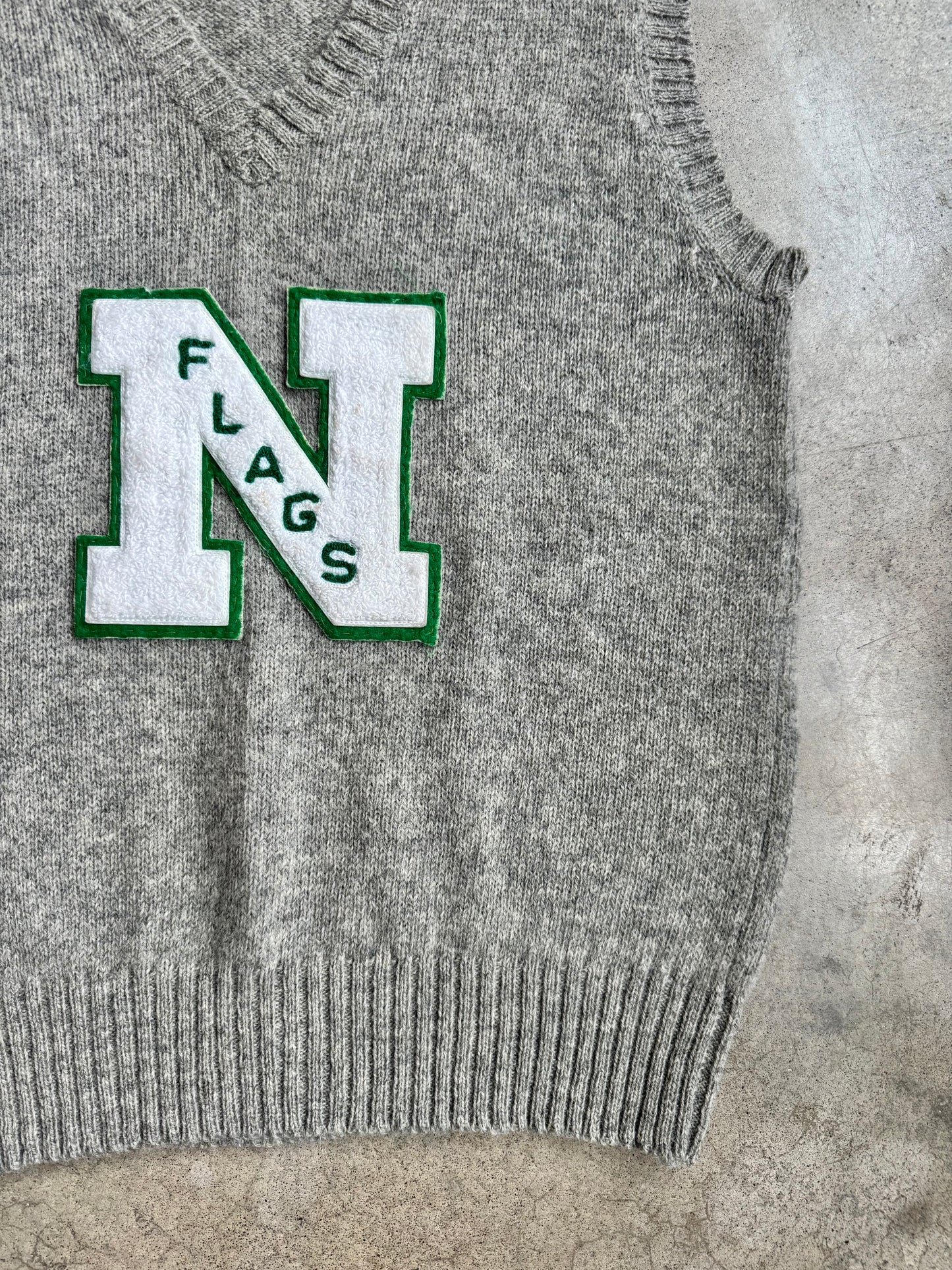 Vintage 1960s Grey Wool "N Flags" Letterman Patch Sweater Vest | Large