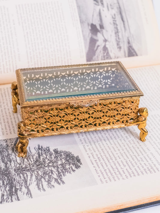 Vintage 1950s Brass Ormolu Filigree Cupid Footed Jewelry Box