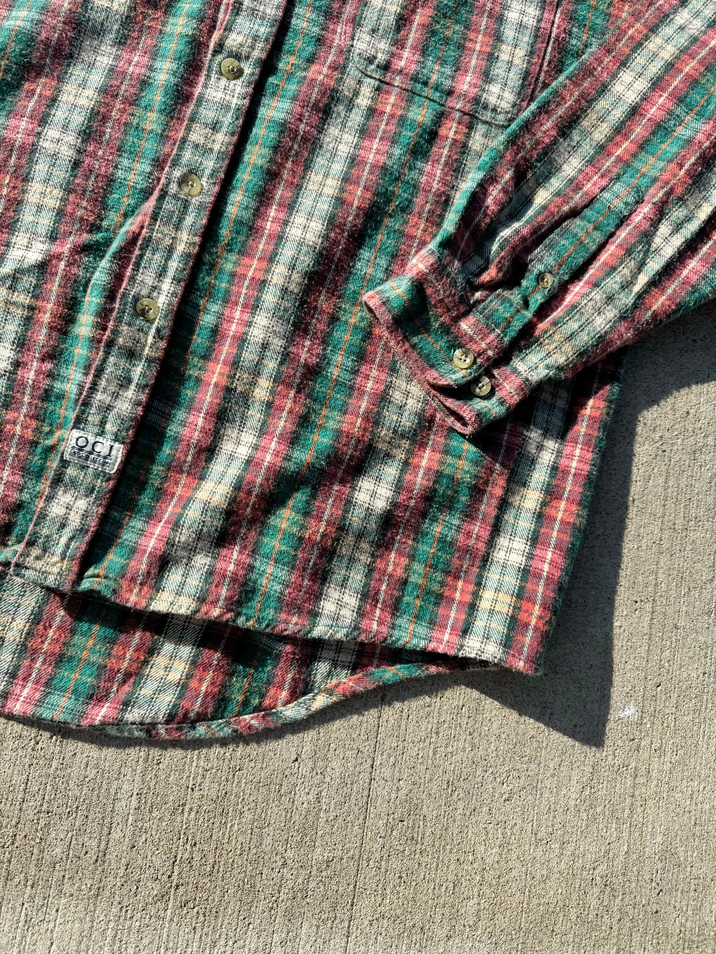 Vintage 1990s Old College Inn Red & Green Plaid Cotton Flannel Shirt | XL