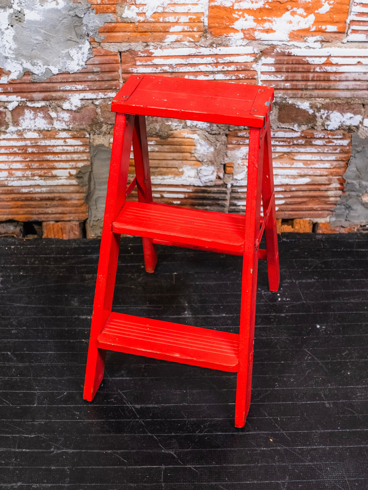 Vintage Red Painted Wooden Folding Step Ladder