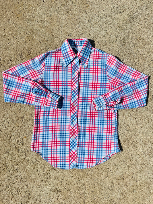 Vintage Sears Red & Blue Plaid Button-Up Shirt | Small