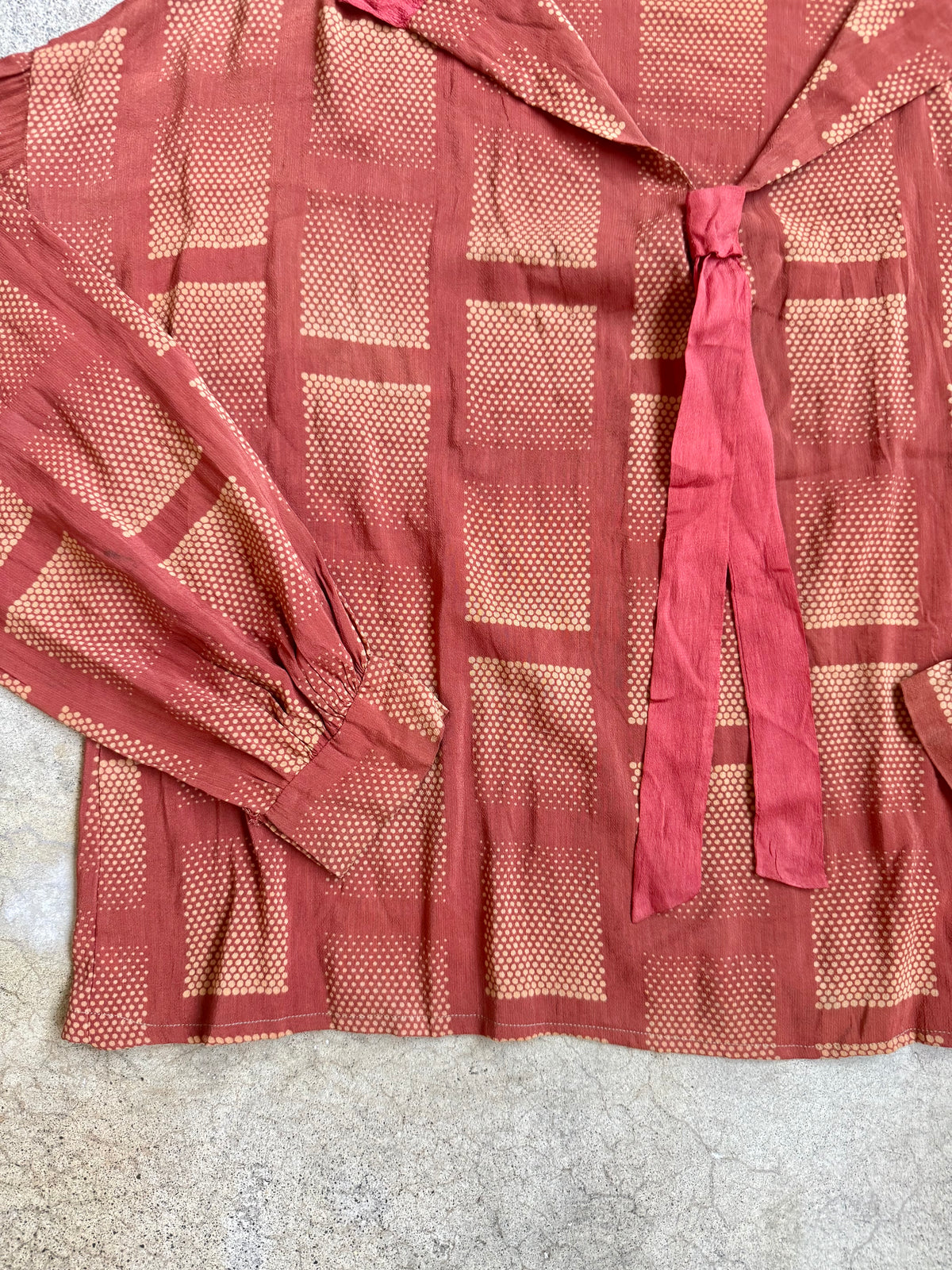 Antique 1930’s Burnt Orange Geometric Dotted Silk Neck Tie Blouse | Medium